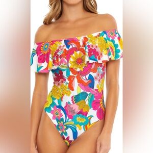 TRINA TURK
WOMEN'S FONTAINE OFF THE SHOULDER RUFFLE ONE PIECE SWIMSUIT